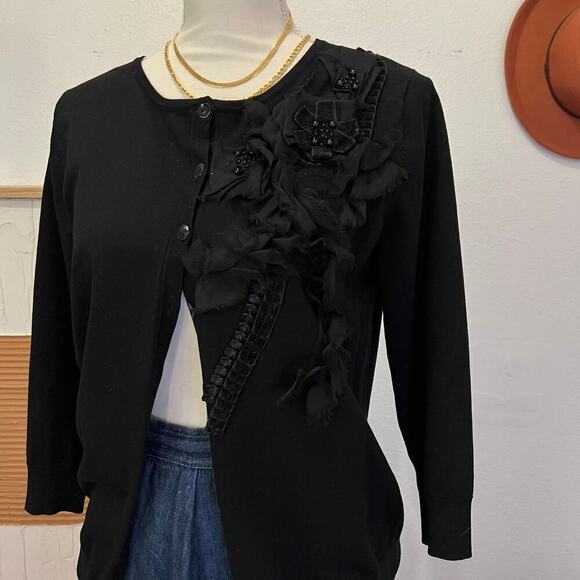 August Silk Black Soft Embellished Floral Detail Button Front Cardigan Sweater - Picture 2 of 12